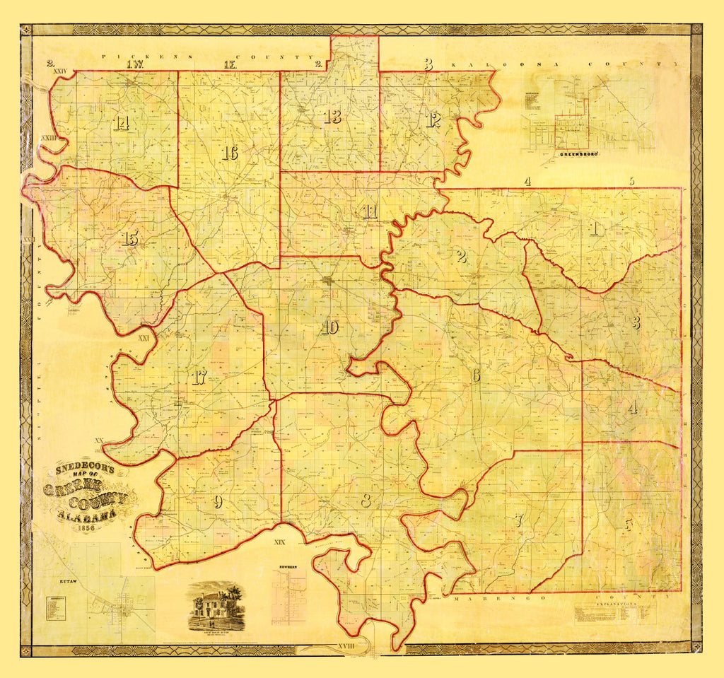 Vintage Map of Greene County, Alabama 1856