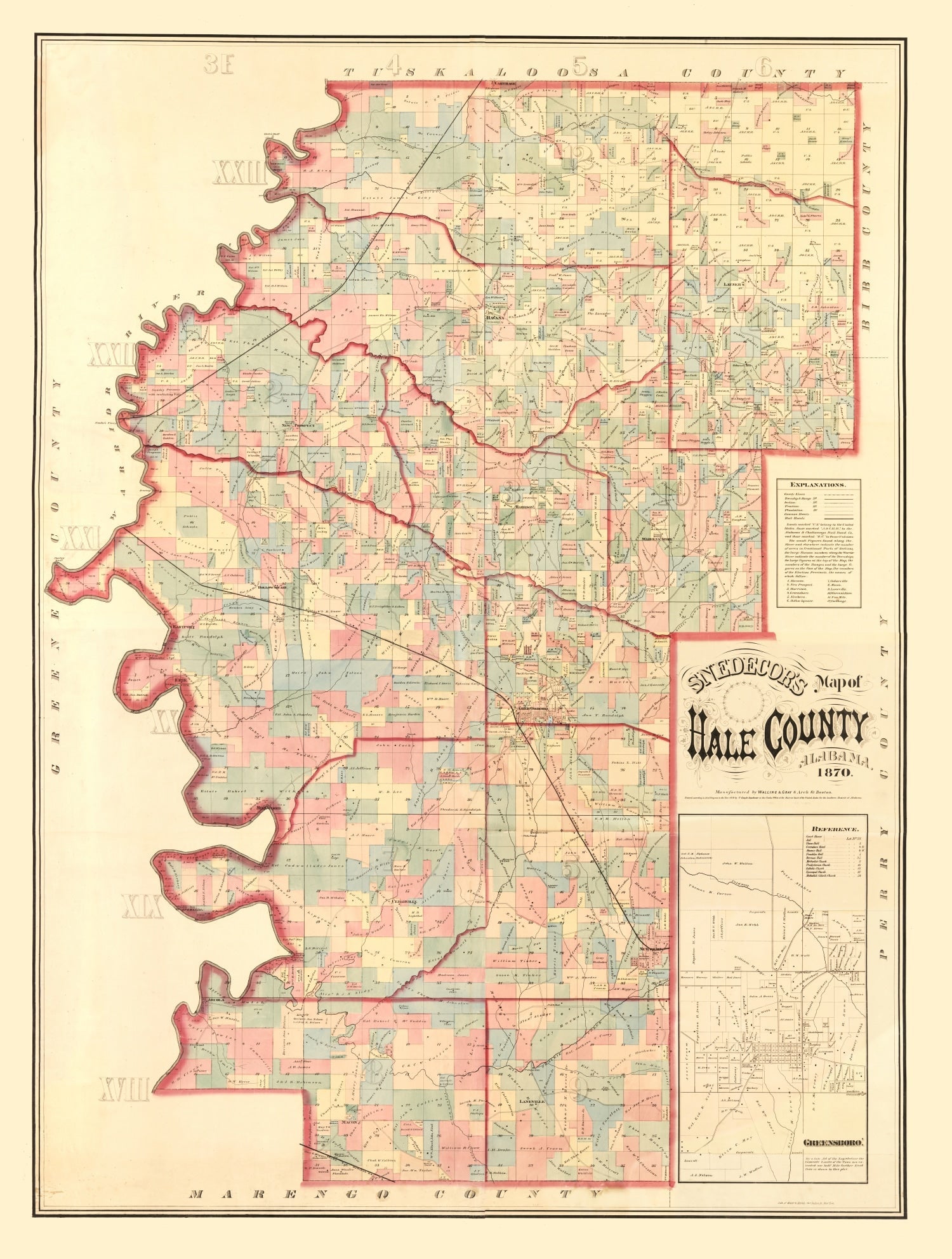 Vintage Map of Hale County, Alabama 1870