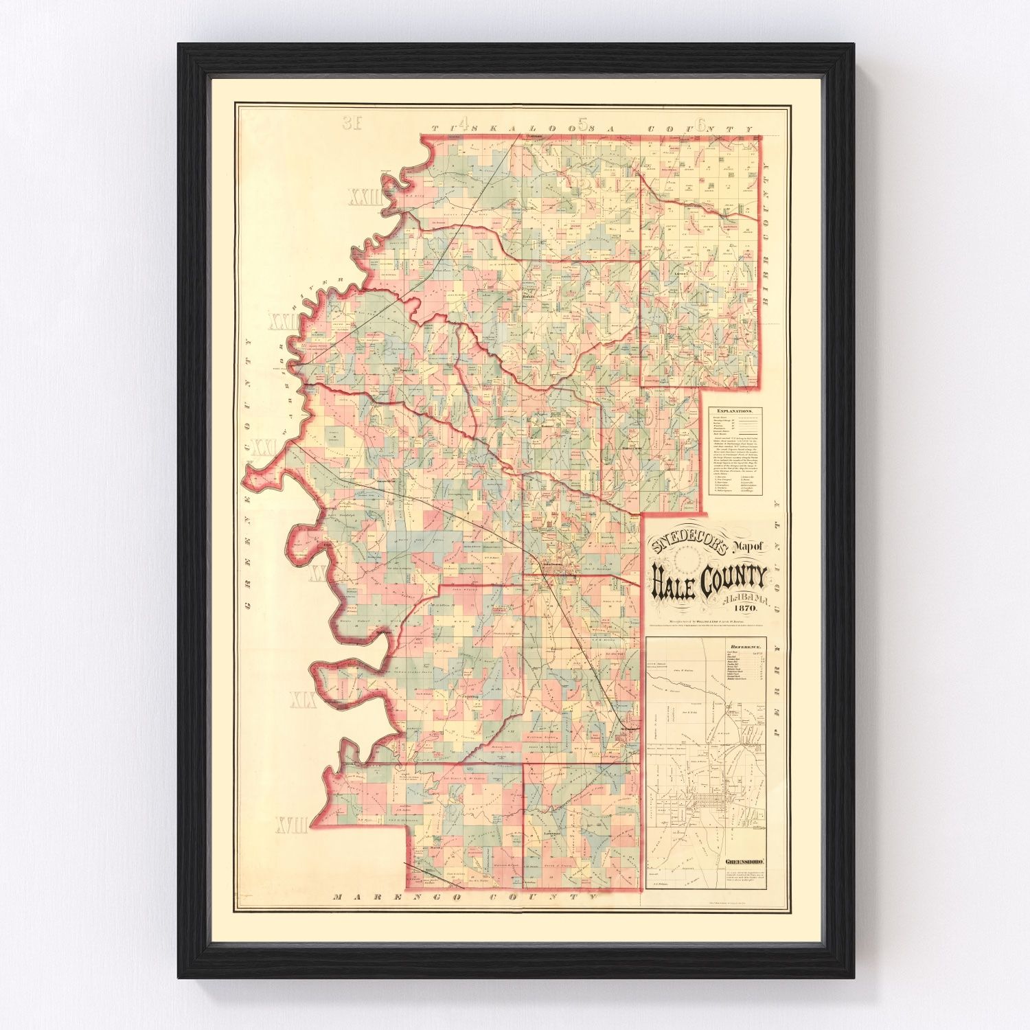 Vintage Map of Hale County, Alabama 1870