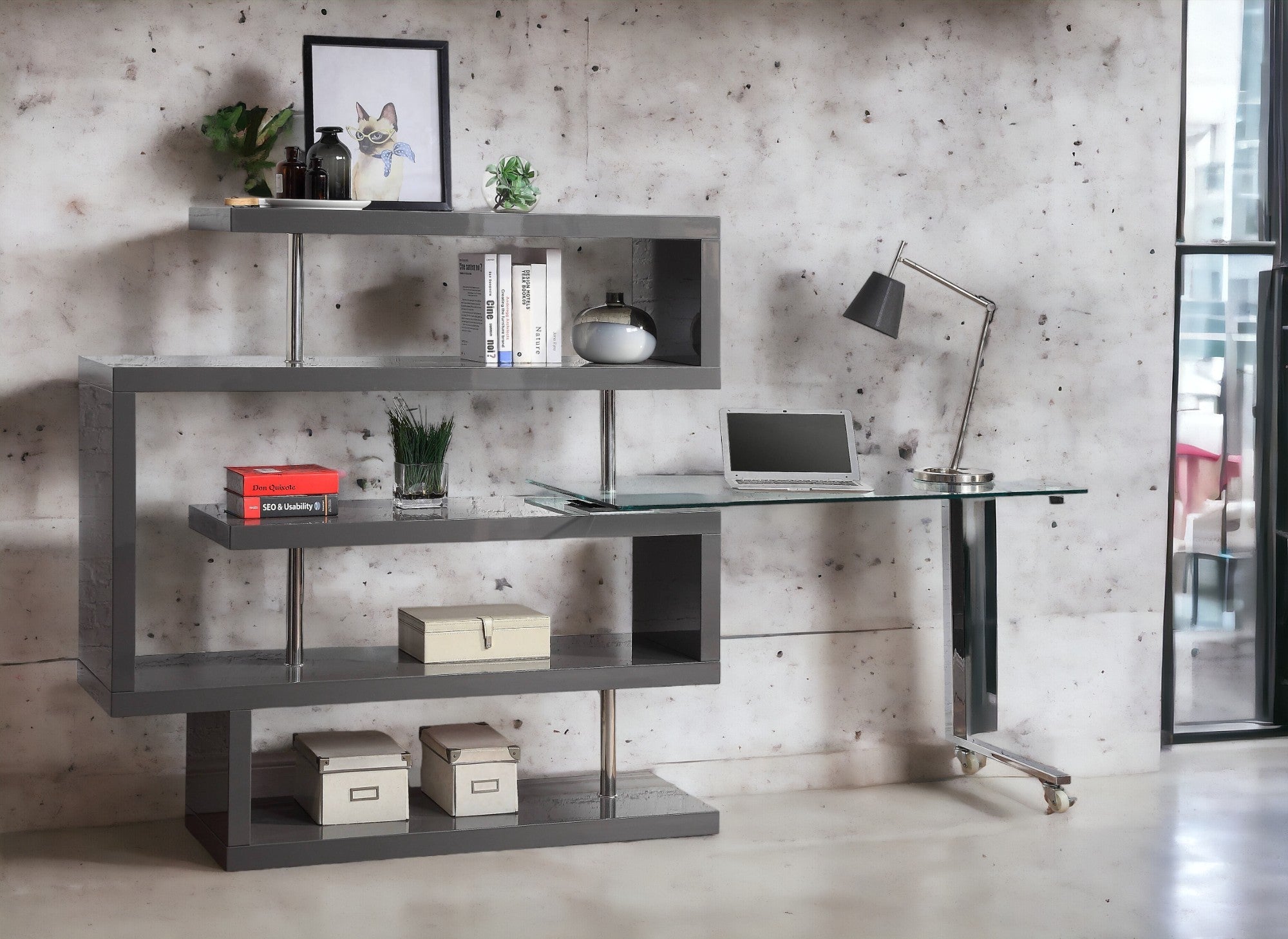 Buck II Clear Glass, Chrome High Gloss Finish Writing Desk with Shelf