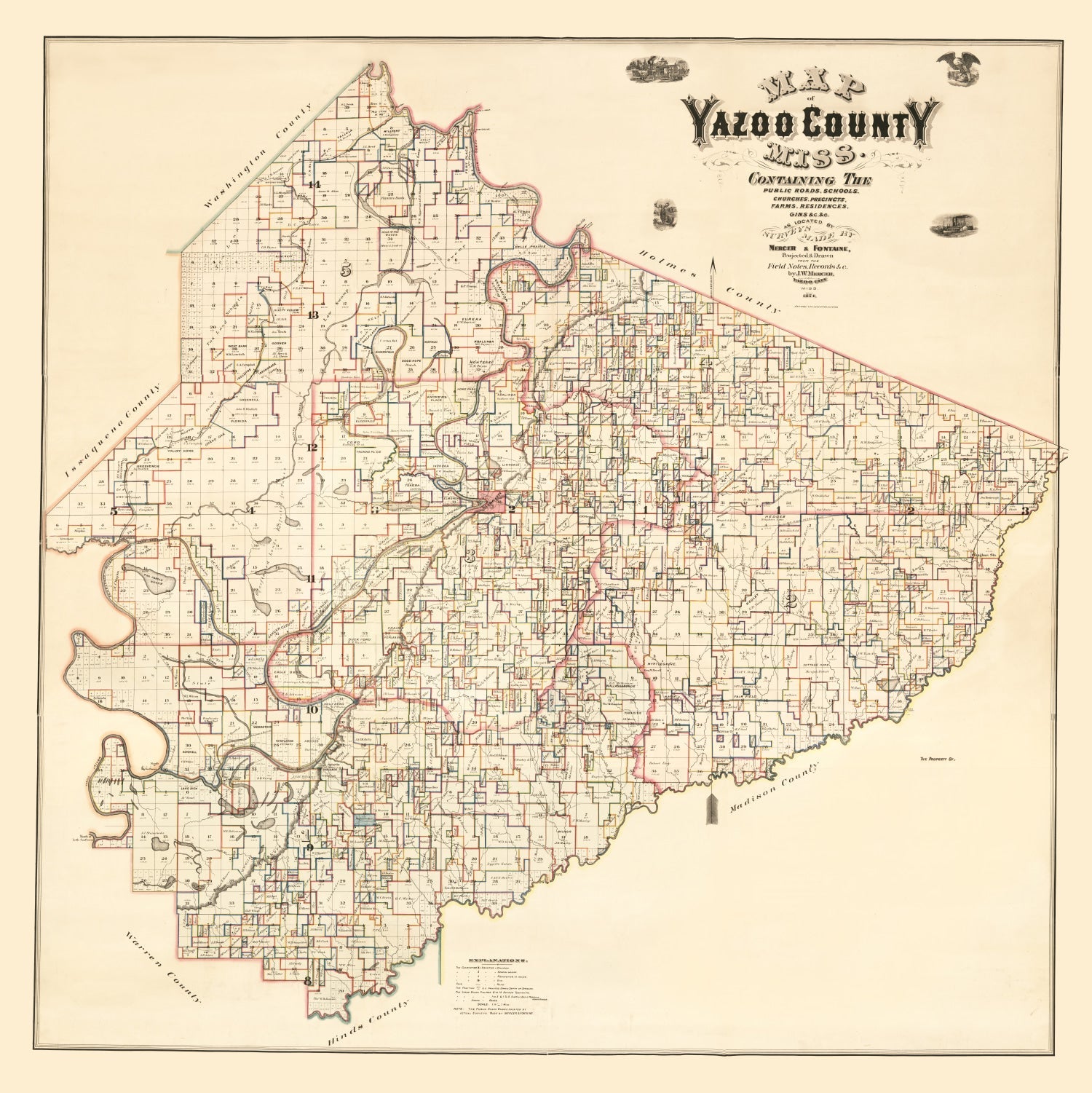 Vintage Map of Yazoo County, Mississippi 1874