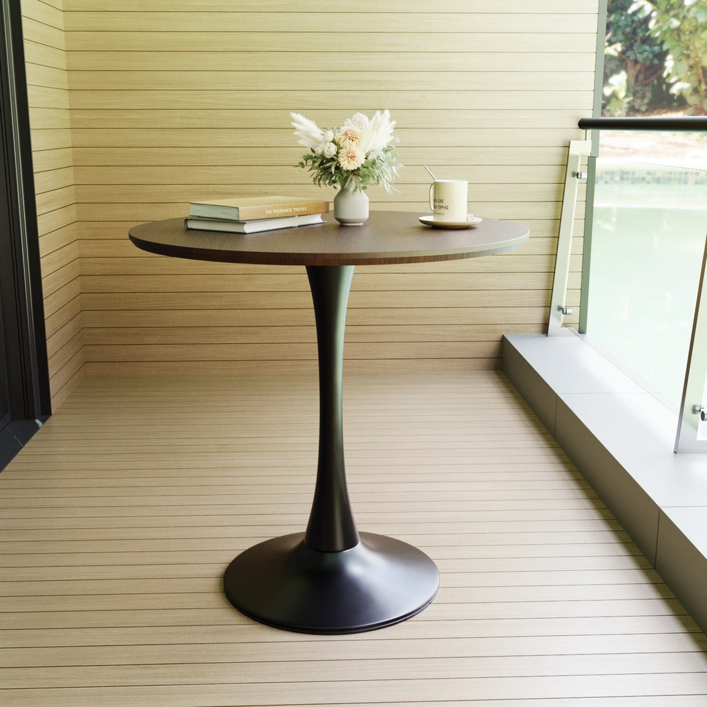 Mid-Century Round Dining Table, Walnut Color, MDF Table Top & Pedestal Base, 31.5 Inches