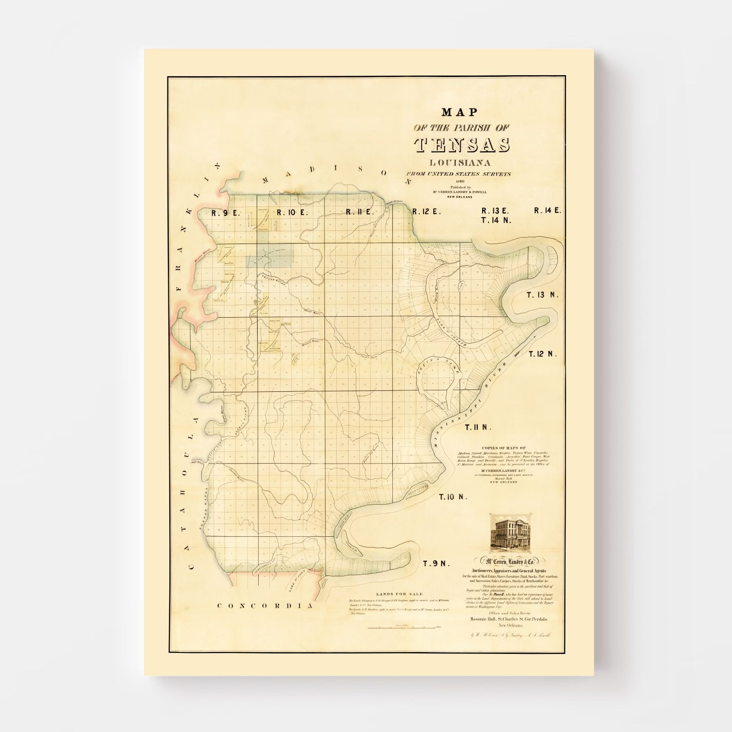 Vintage Map of Tensas Parish, Louisiana 1860