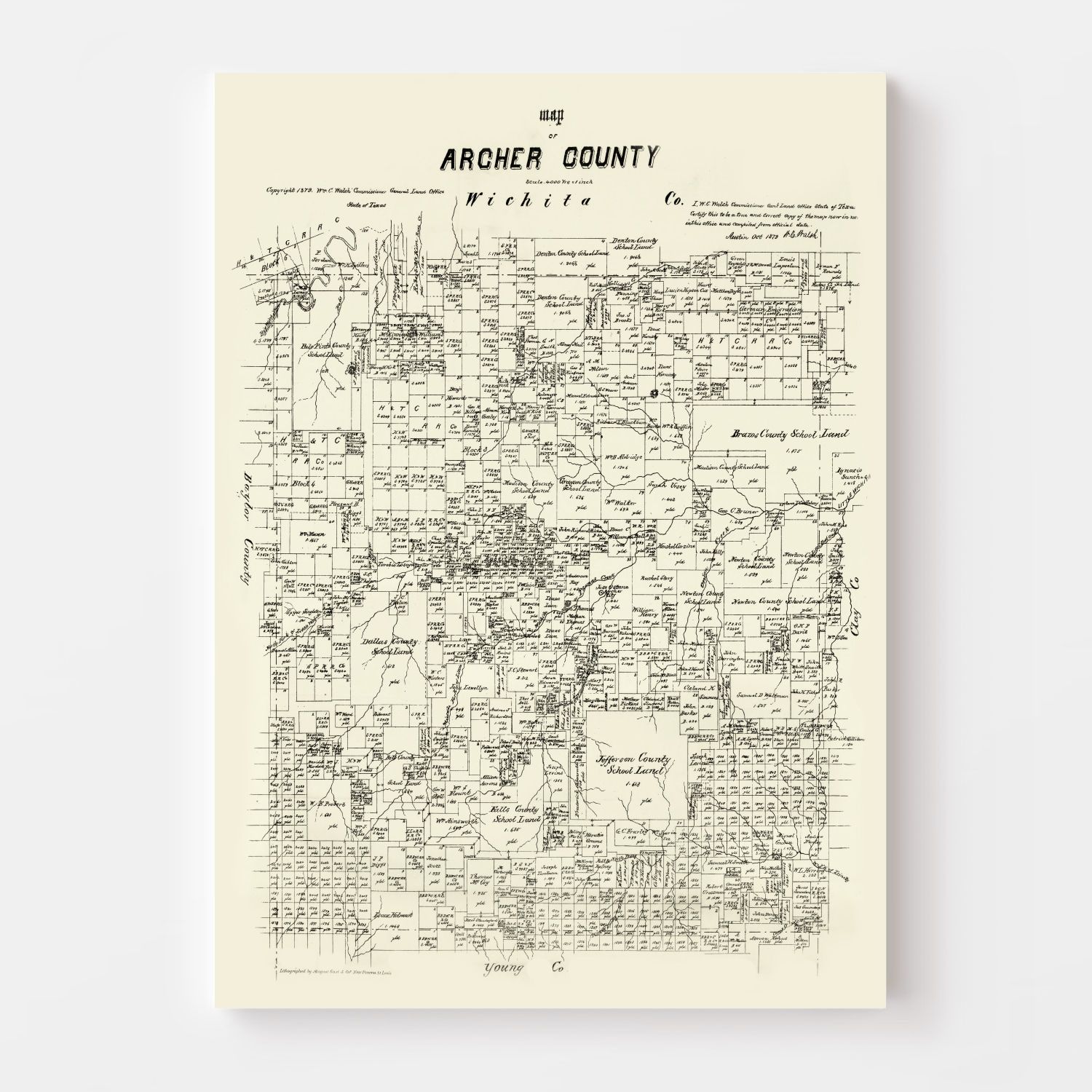 Vintage Map of Archer County, Texas 1879