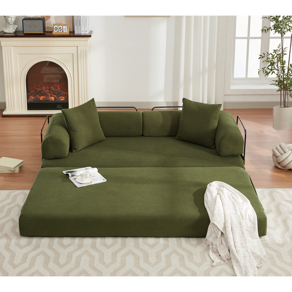 [NEW ARRIVED] [VIDEO PROVIDED] 78.5' Folding Convertible Out Sleeper Sofa Bed,4-in-1 DIY Combination Convertible  Sofa, 3 seat, Folding Sleeper Sofa, King Size , Bedroom,Apartment,Corduroy,Green