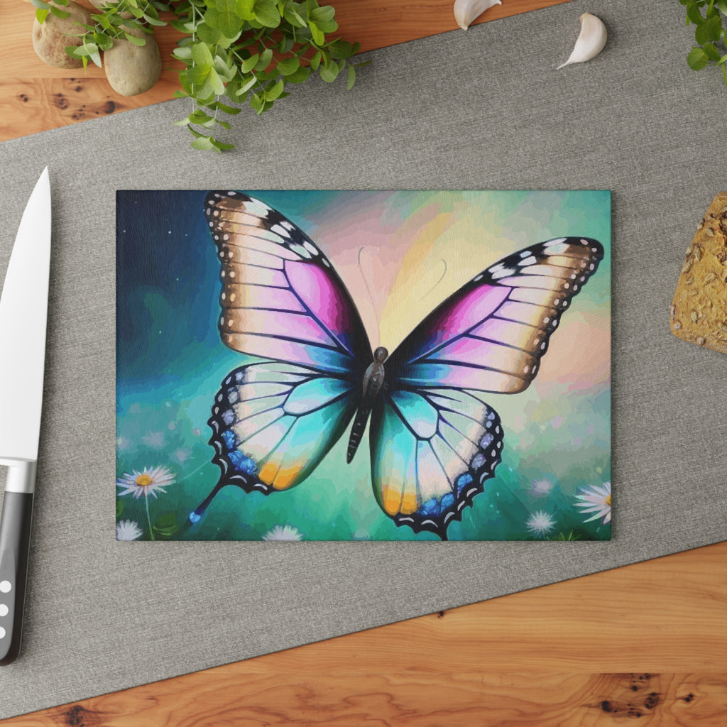 Beautiful Butterfly and Daisies Glass Cutting Board
