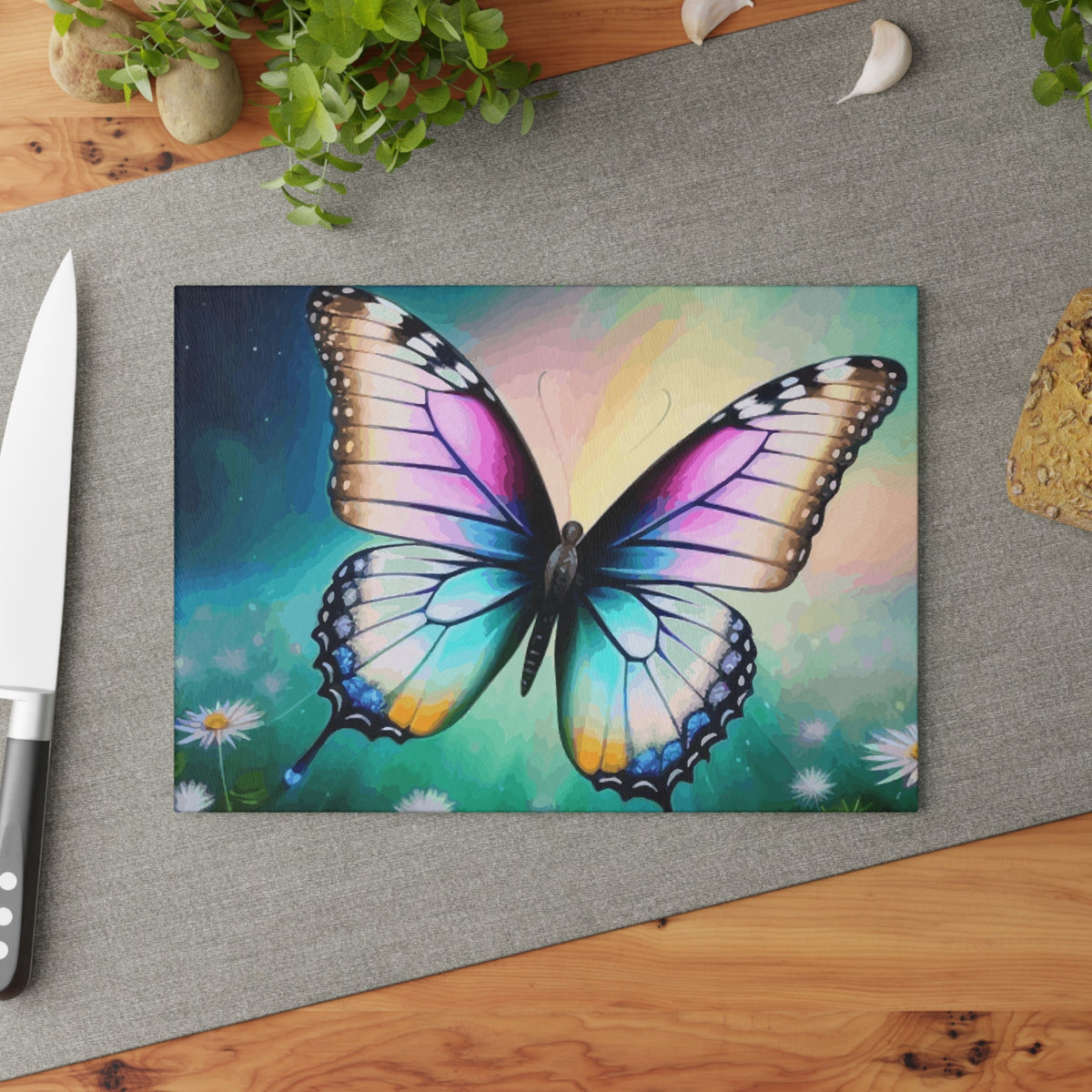 Beautiful Butterfly and Daisies Glass Cutting Board