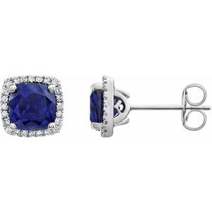 14K White Gold Lab-Grown Blue Sapphire & 1/8 CTW Natural Diamond Earrings