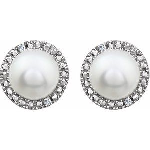 Sterling Silver Cultured White Freshwater Pearl & .01 CTW Natural Diamond Earrings – image 2