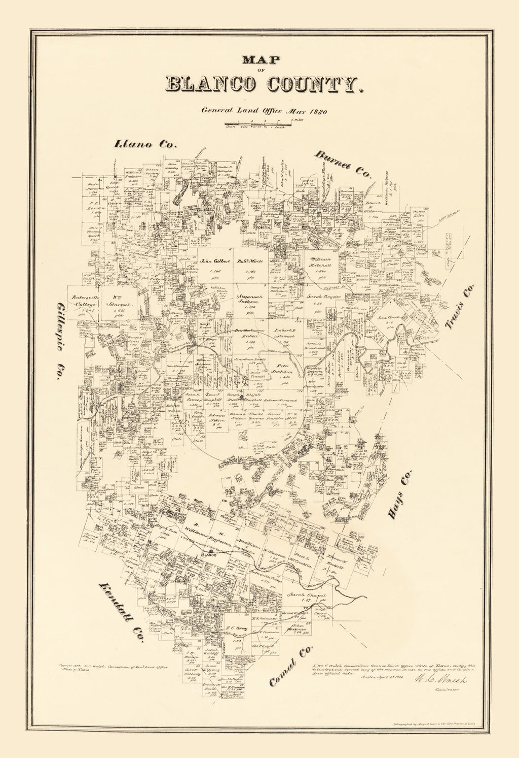 Vintage Map of Blanco County, Texas 1879