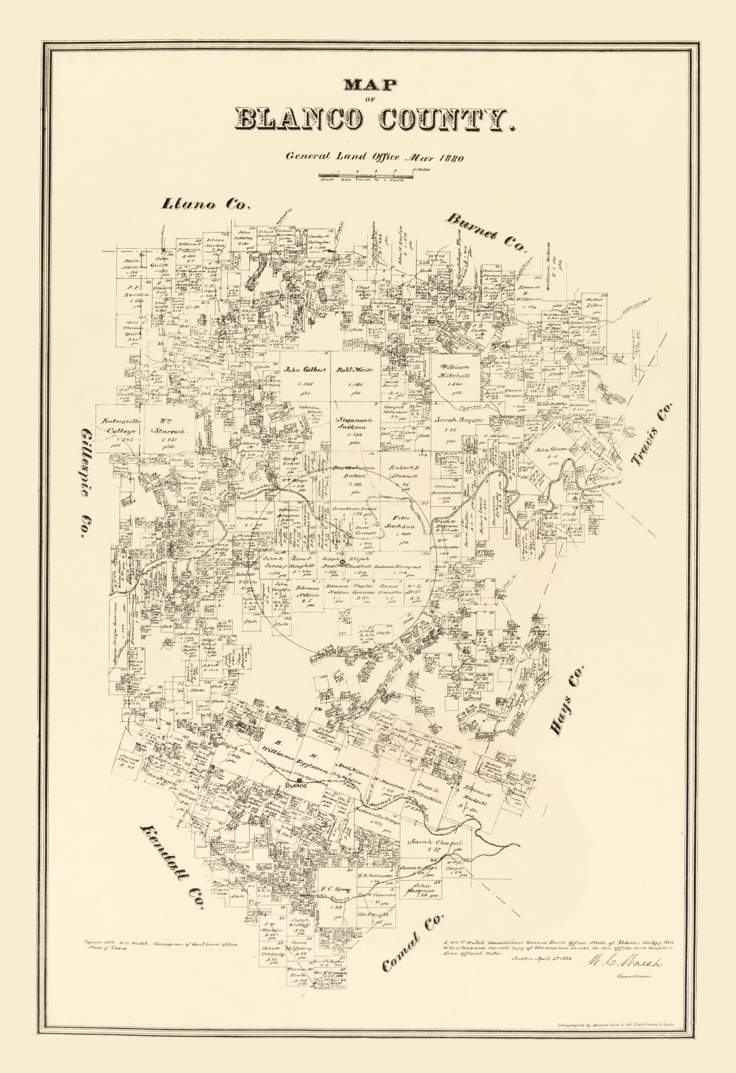 Vintage Map of Blanco County, Texas 1879