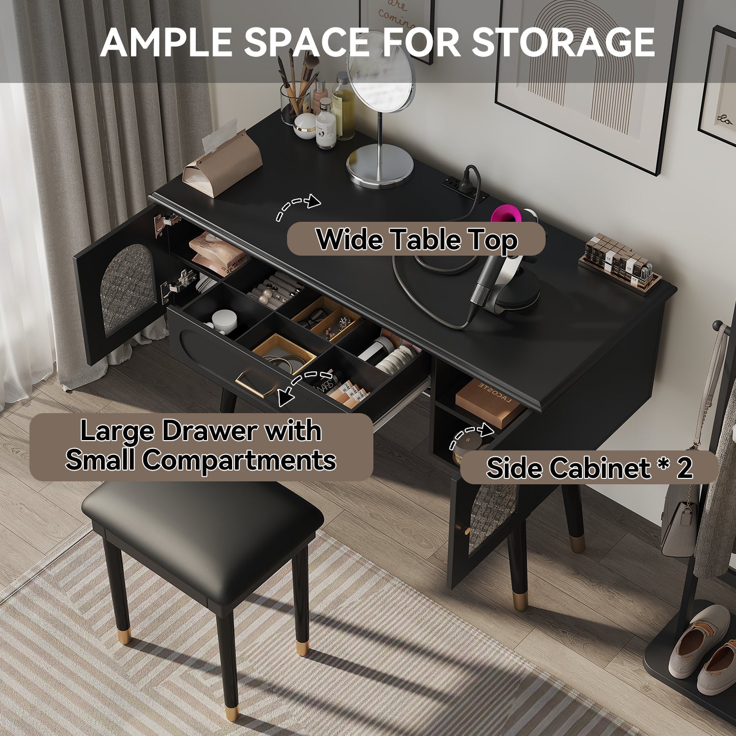 Elegant Vanity Makeup Table & Chair Set, Modern Dressing Table with Organizer, Writing Desk, Charging Port, Black