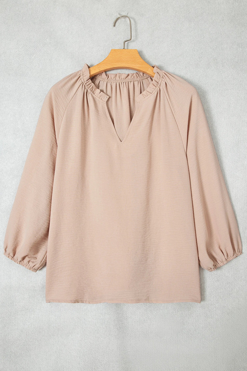 Solid Gathered Cuff 3/4 Sleeve V-Neck Blouse