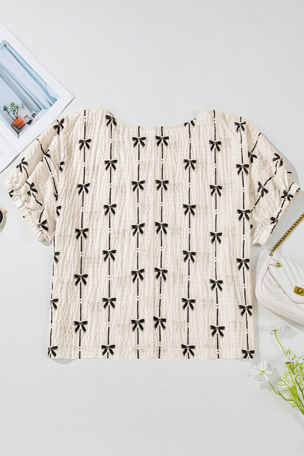 Bow Textured Short Puff Sleeve Top