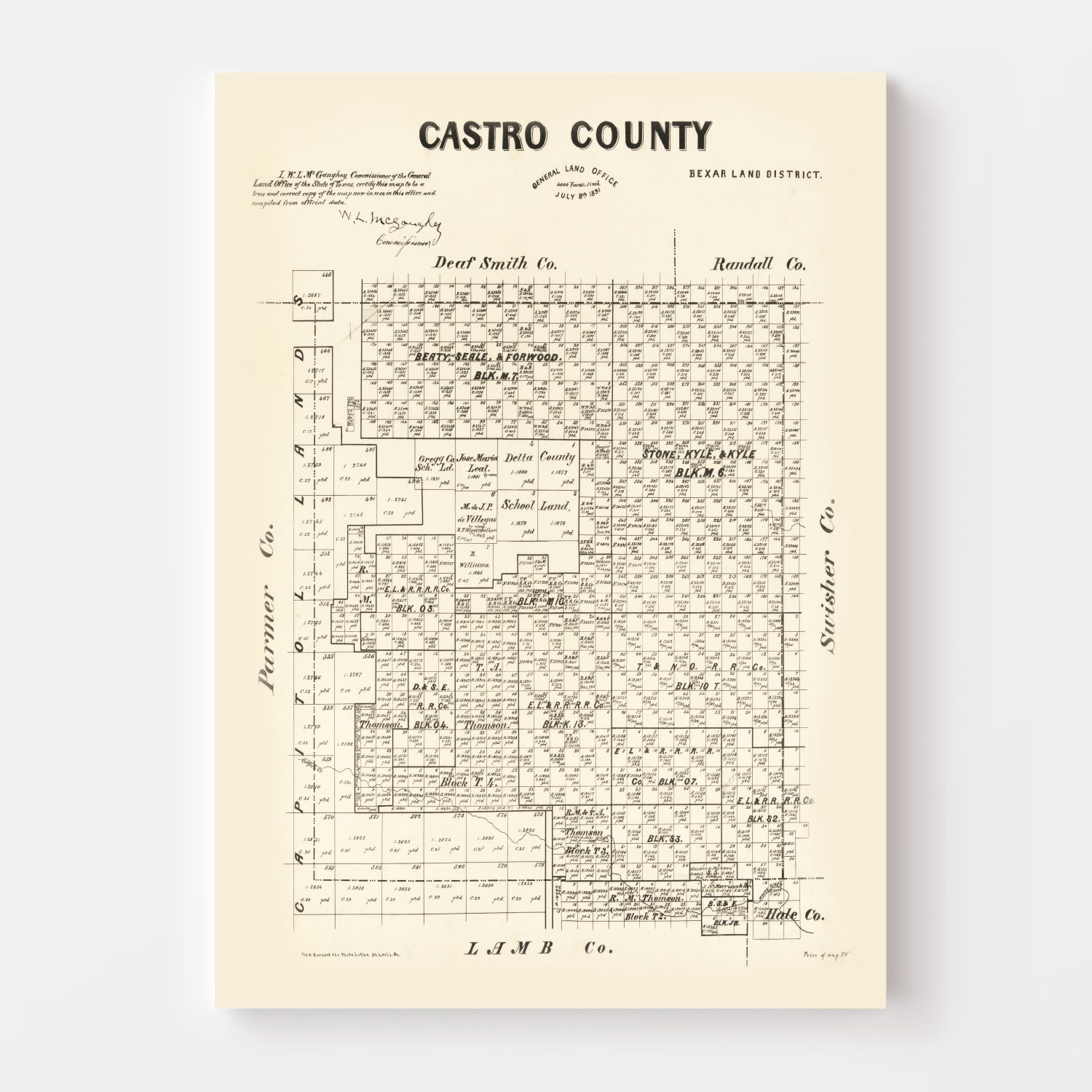 Vintage Map of Castro County, Texas 1891