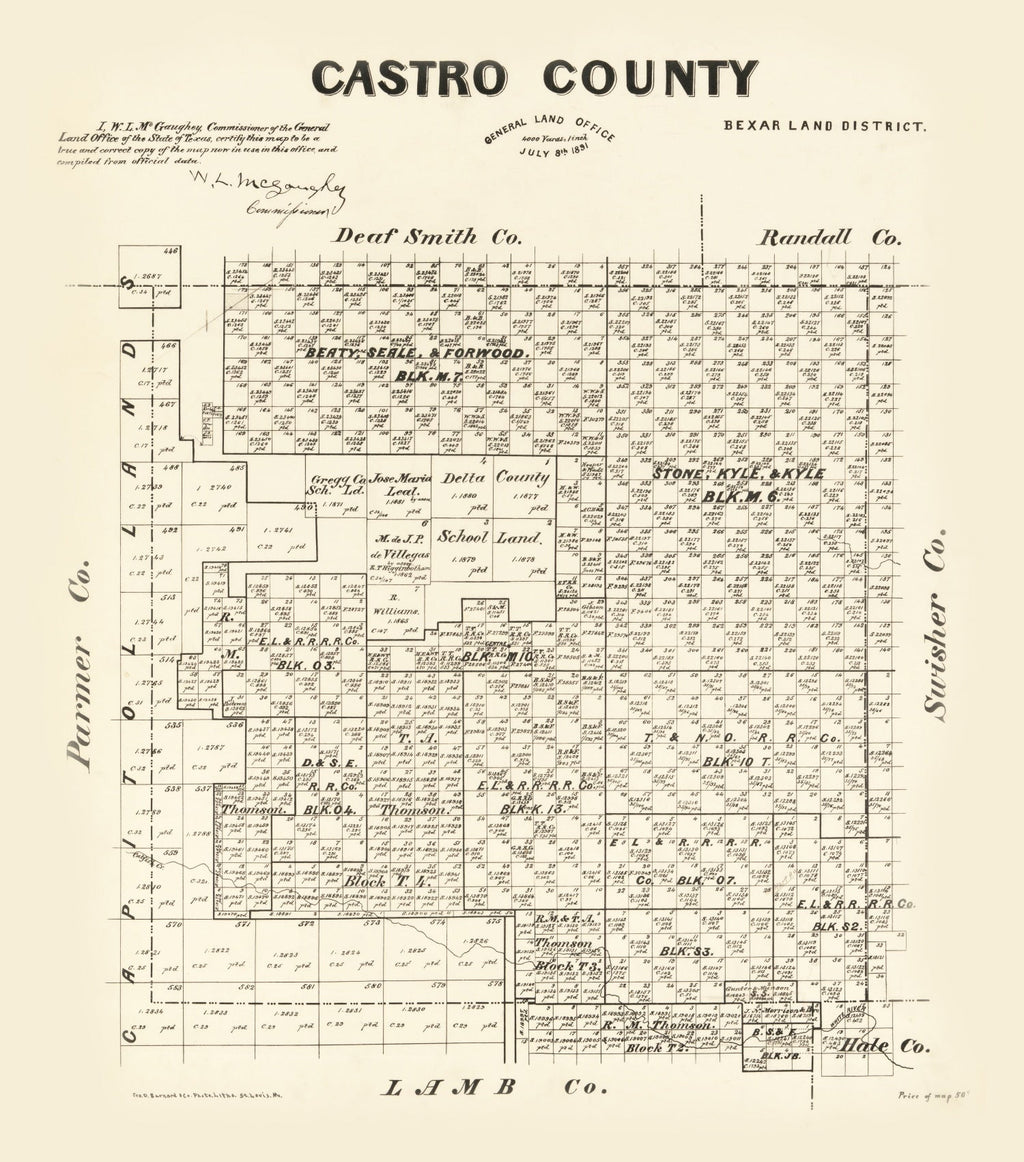 Vintage Map of Castro County, Texas 1891