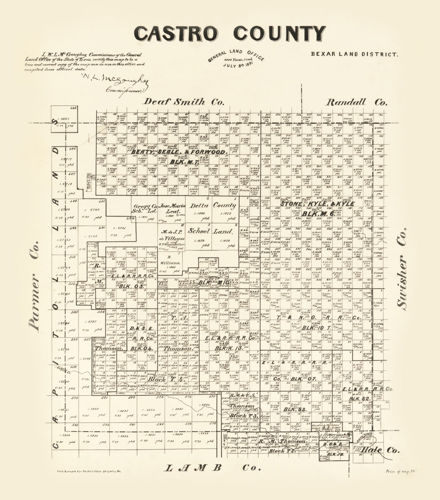 Vintage Map of Castro County, Texas 1891