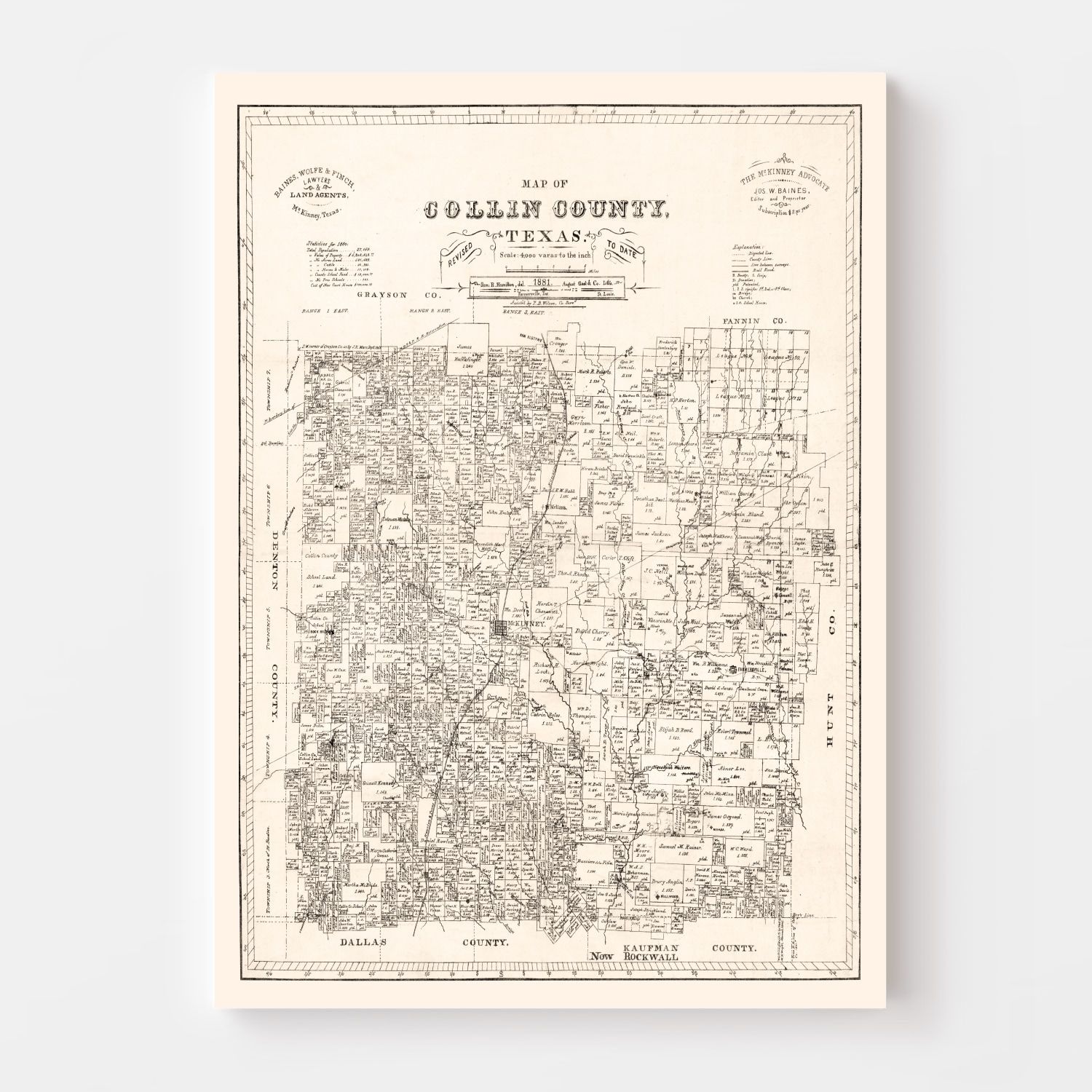 Vintage Map of Collin County, Texas 1881