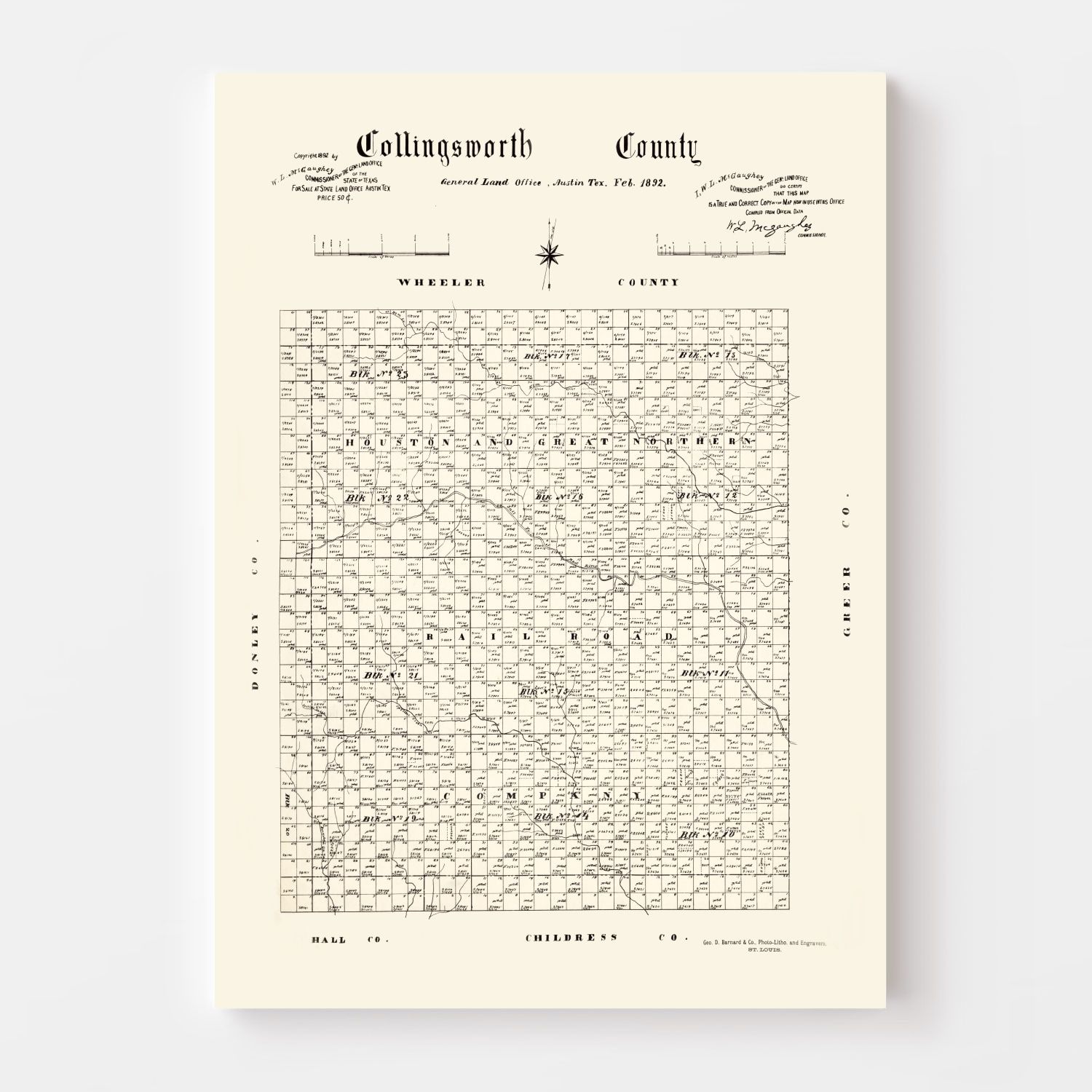 Vintage Map of Collingsworth County, Texas 1892