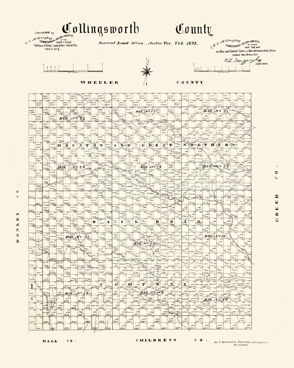 Vintage Map of Collingsworth County, Texas 1892