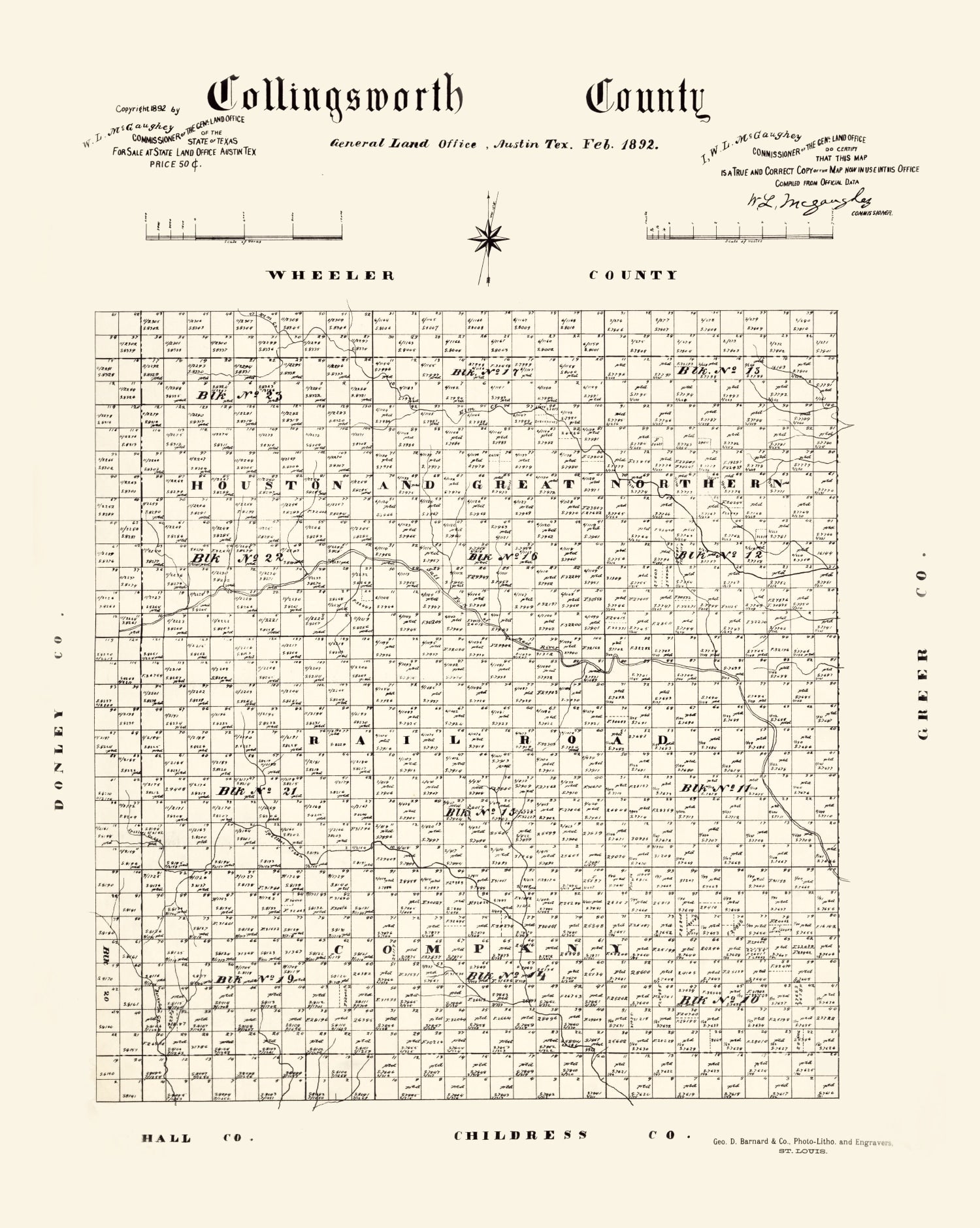 Vintage Map of Collingsworth County, Texas 1892