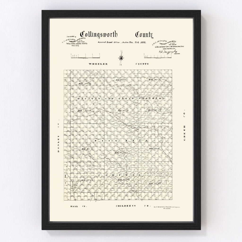 Vintage Map of Collingsworth County, Texas 1892