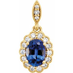 14K Yellow Gold Lab-Grown Blue Sapphire & 1/5 CTW Natural Diamond Pendant