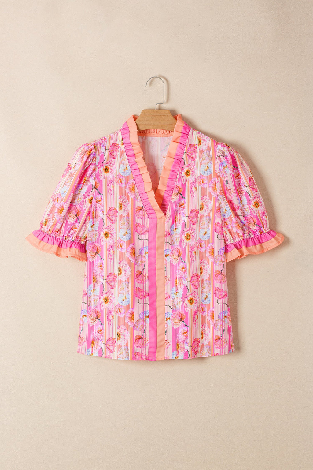 Floral Poppy Stripe Colorblock V-Neck Short Sleeve Blouse