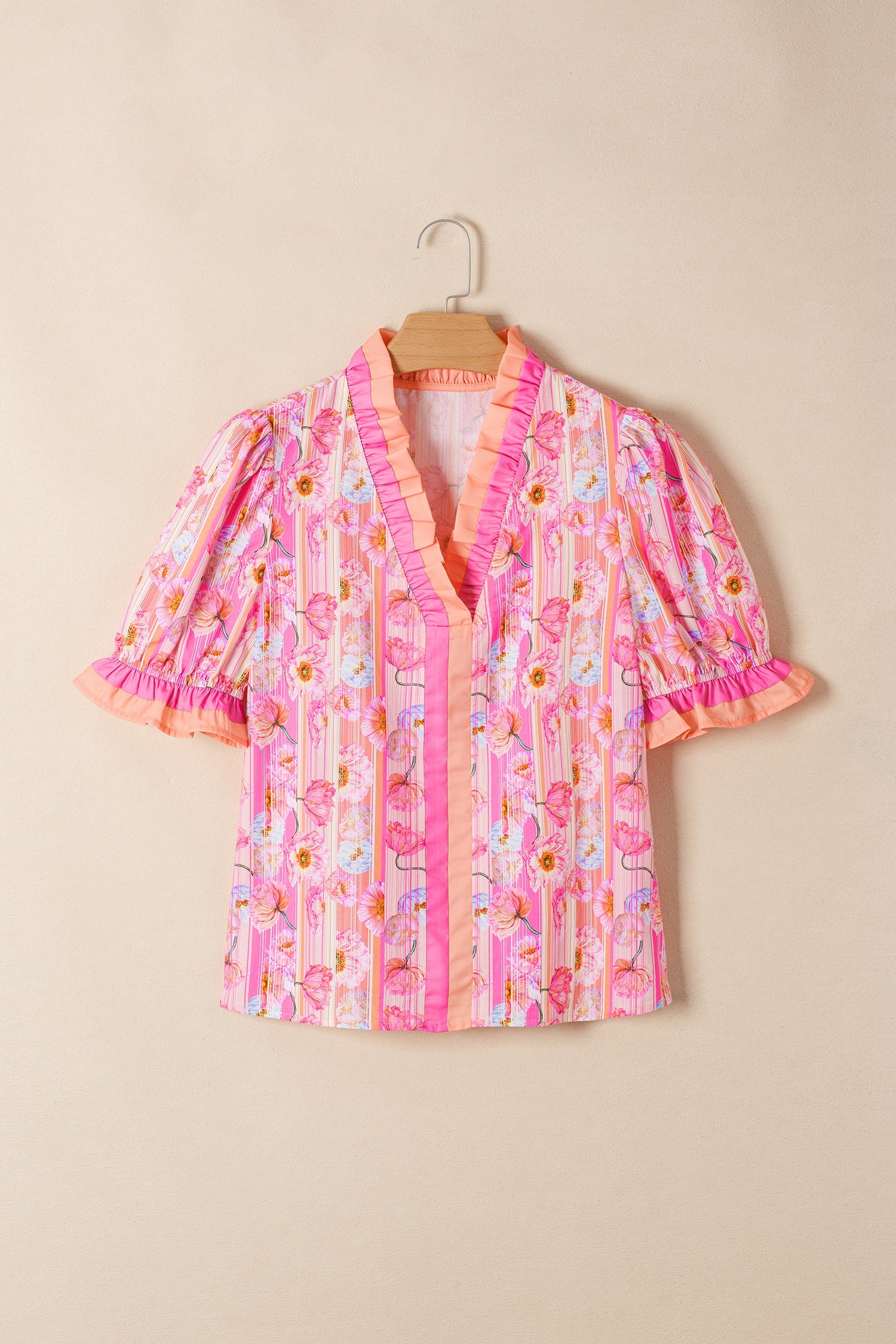 Floral Poppy Stripe Colorblock V-Neck Short Sleeve Blouse