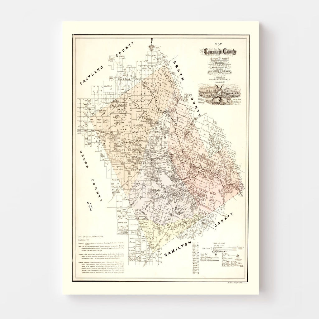 Vintage Map of Comanche County, Texas 1876