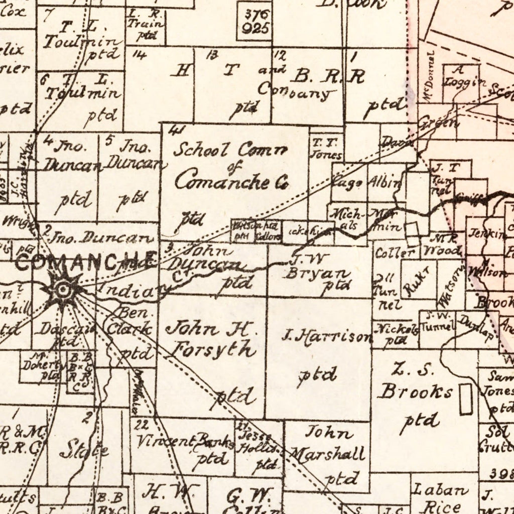 Vintage Map of Comanche County, Texas 1876