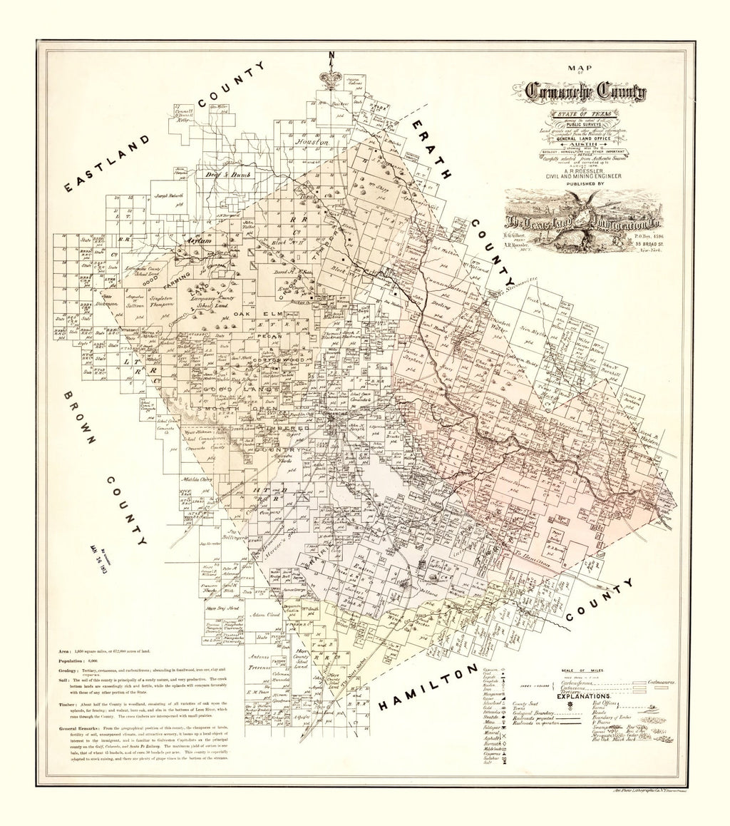 Vintage Map of Comanche County, Texas 1876