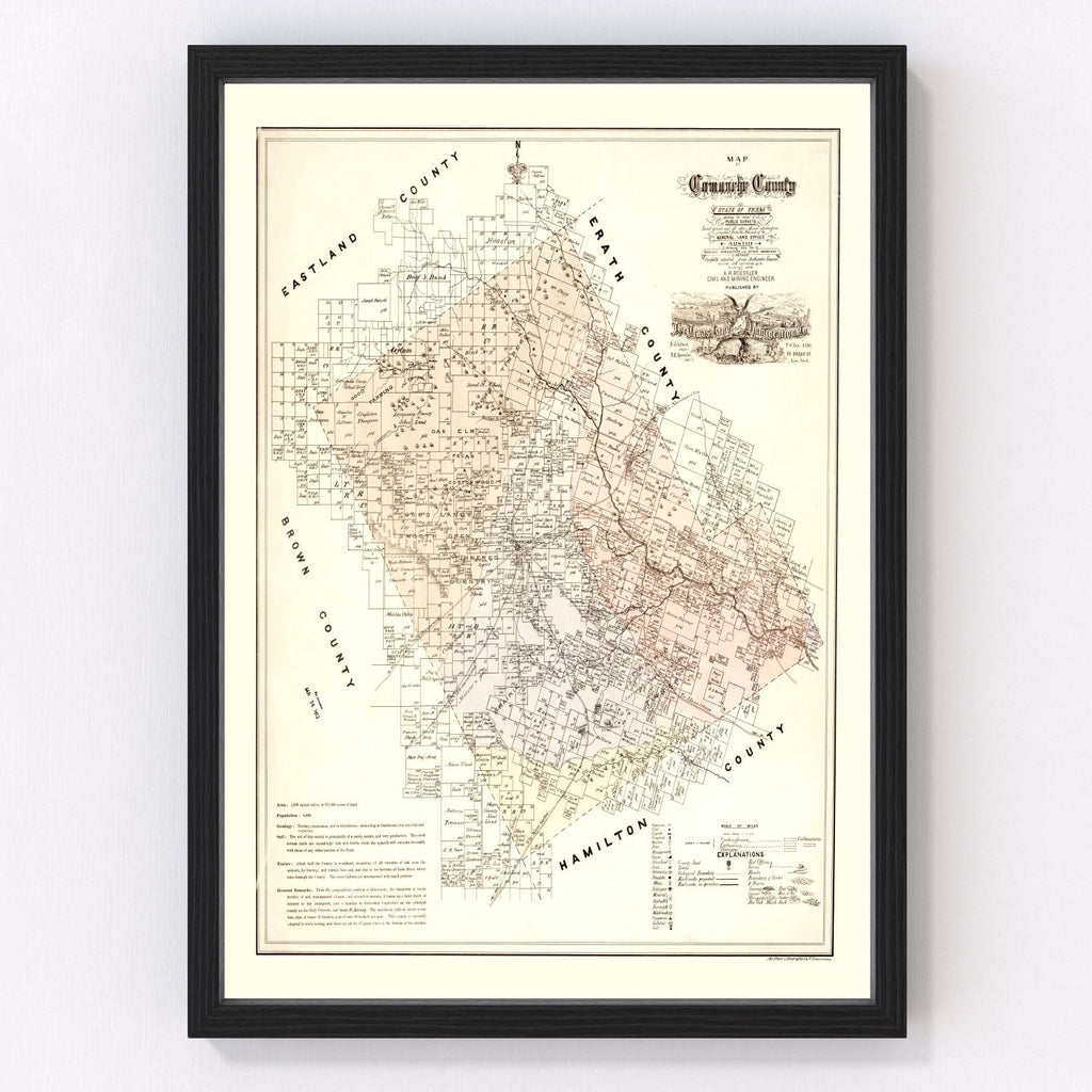 Vintage Map of Comanche County, Texas 1876