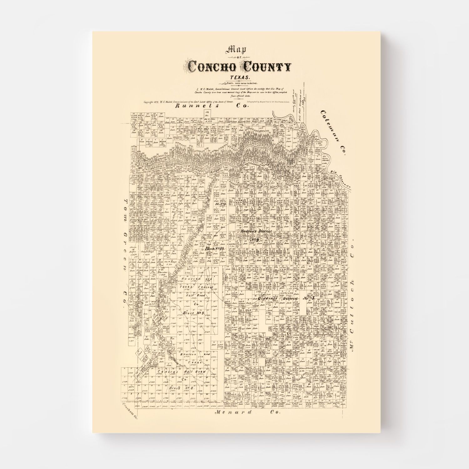 Vintage Map of Concho County, Texas 1879