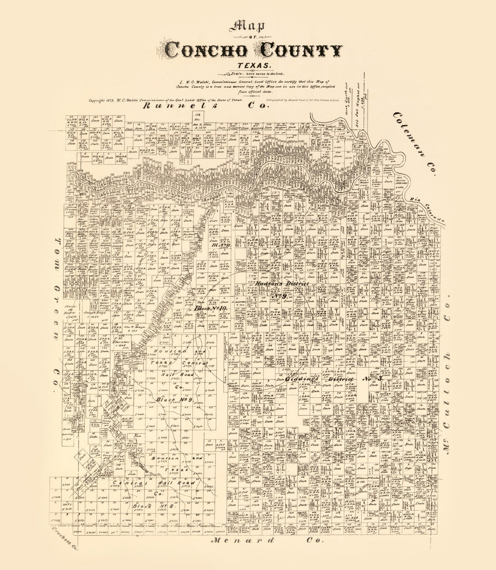 Vintage Map of Concho County, Texas 1879