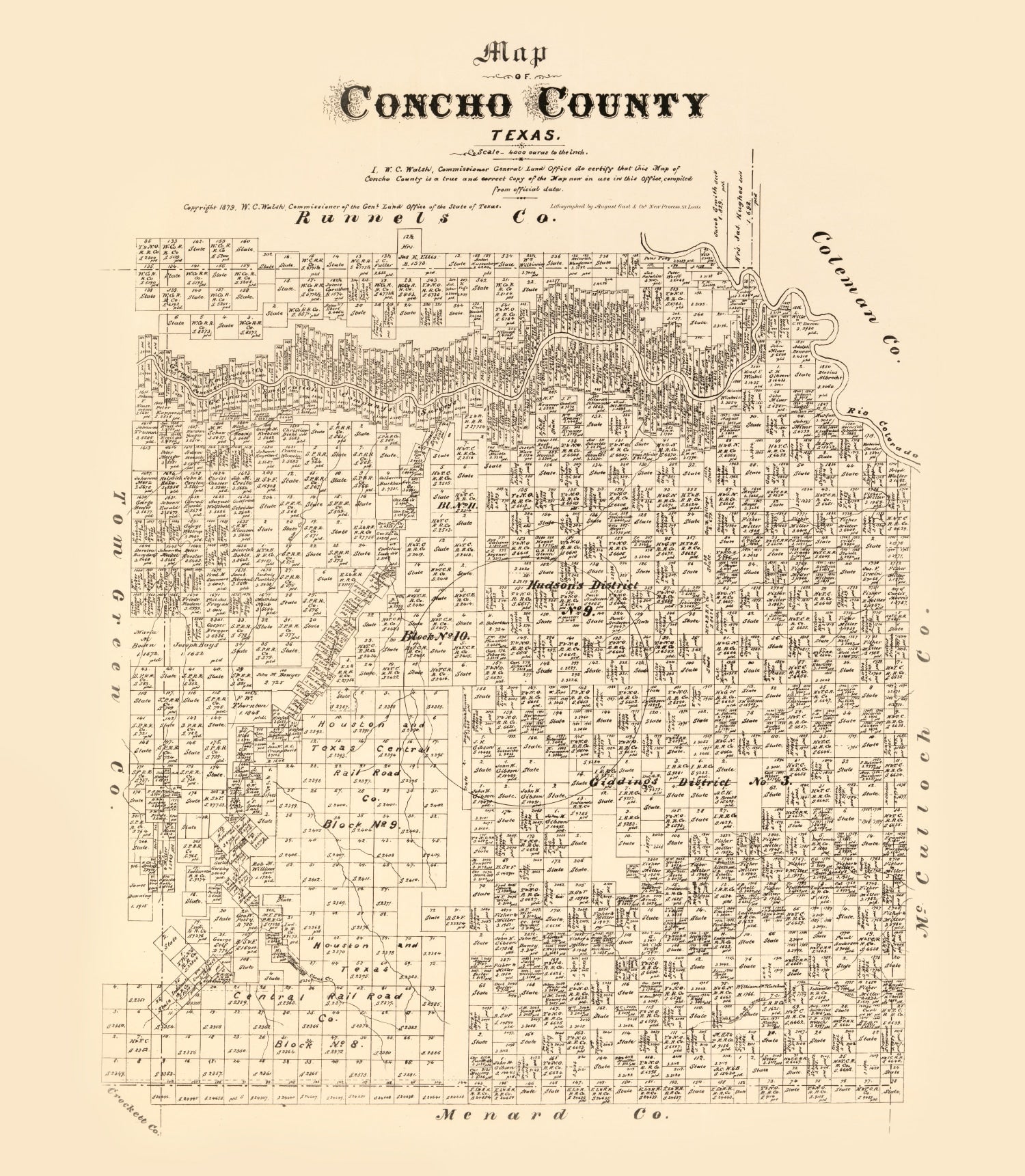 Vintage Map of Concho County, Texas 1879