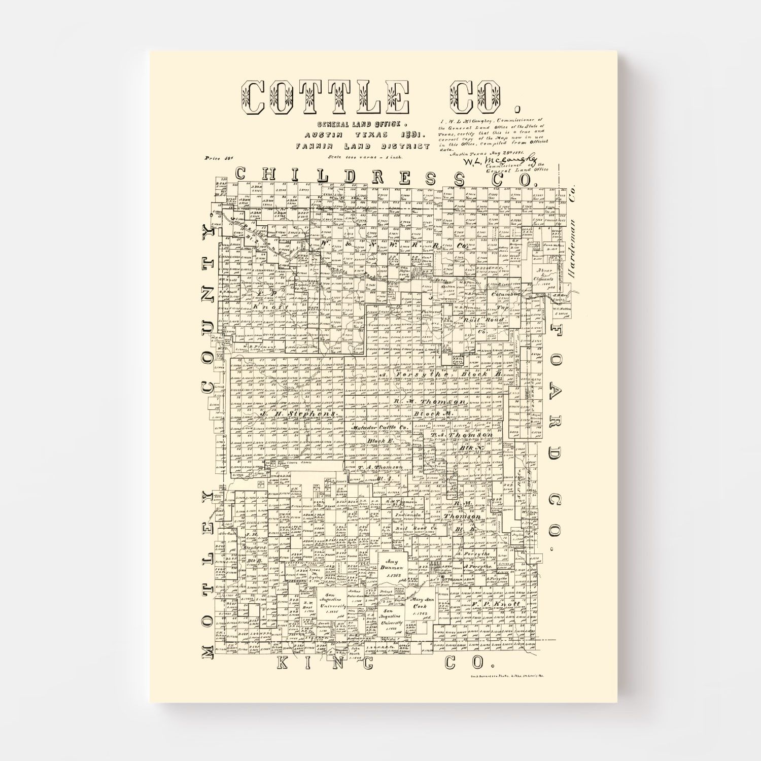 Vintage Map of Cottle County, Texas 1891