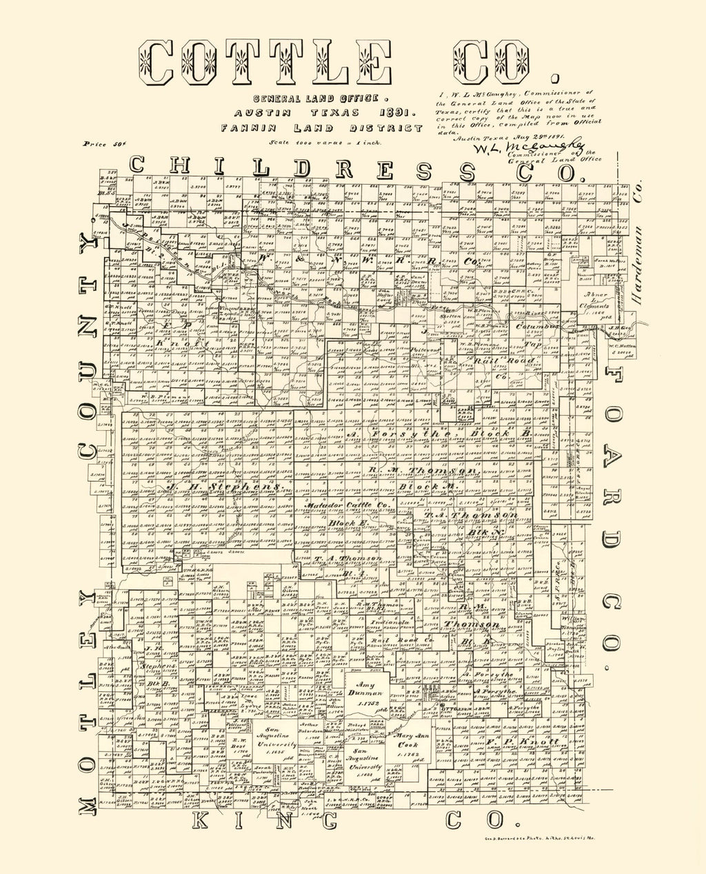 Vintage Map of Cottle County, Texas 1891