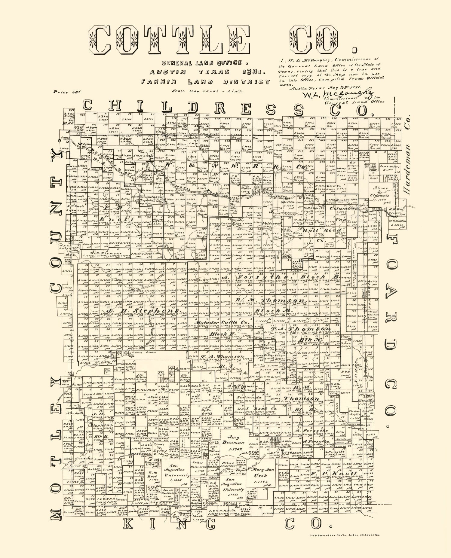 Vintage Map of Cottle County, Texas 1891