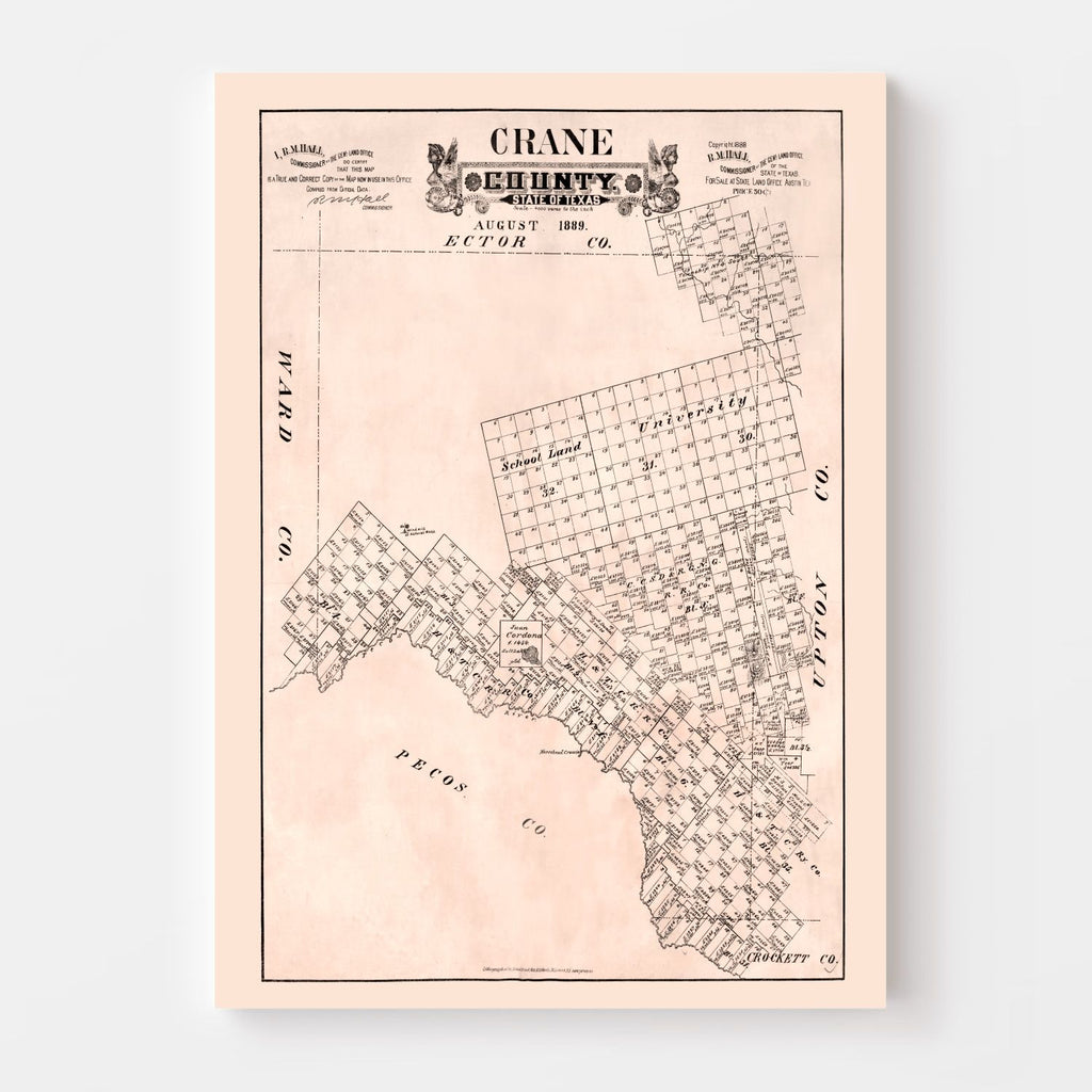 Vintage Map of Crane County, Texas 1888