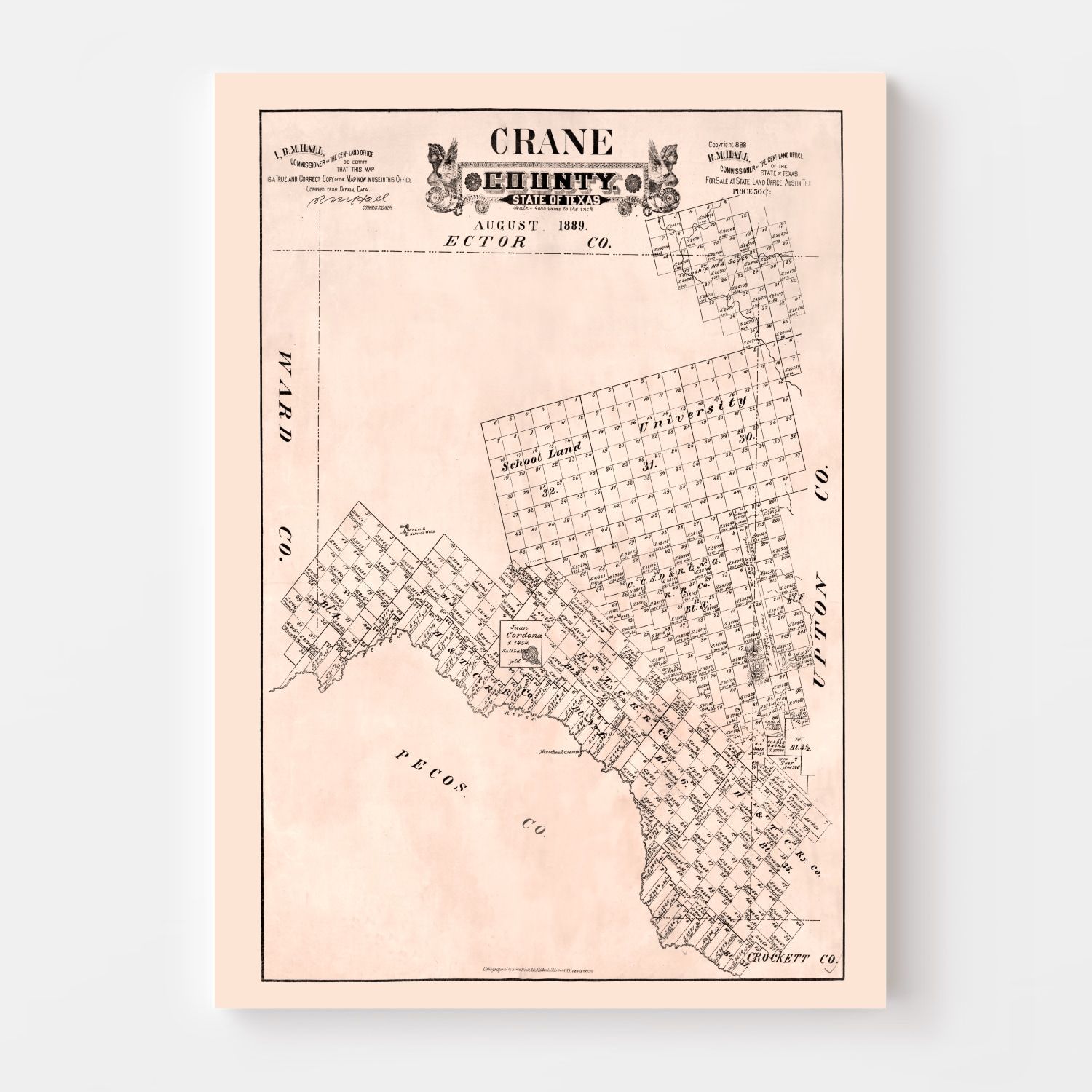 Vintage Map of Crane County, Texas 1888