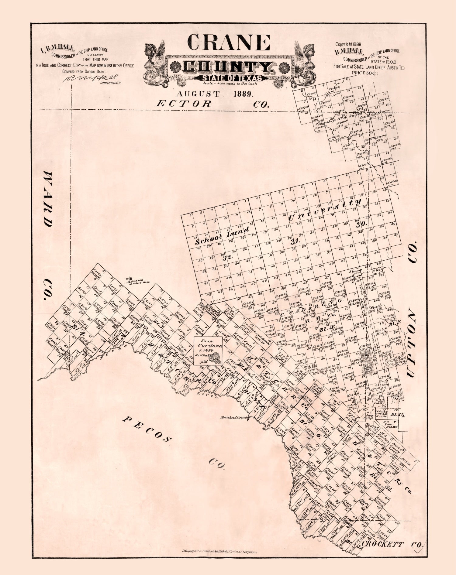 Vintage Map of Crane County, Texas 1888
