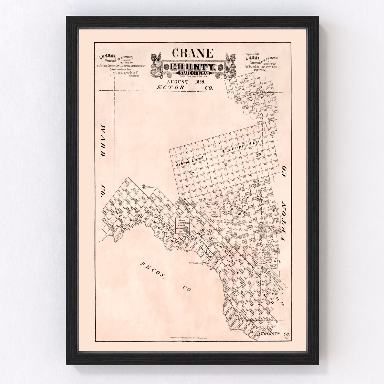 Vintage Map of Crane County, Texas 1888
