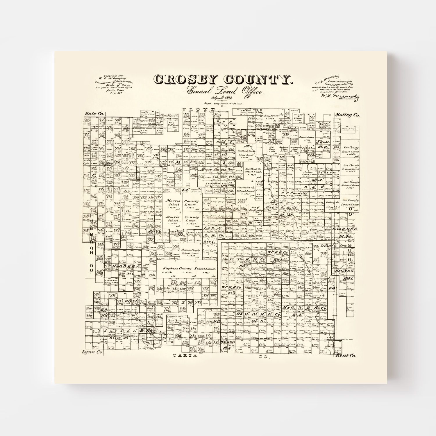 Vintage Map of Crosby County, Texas 1892