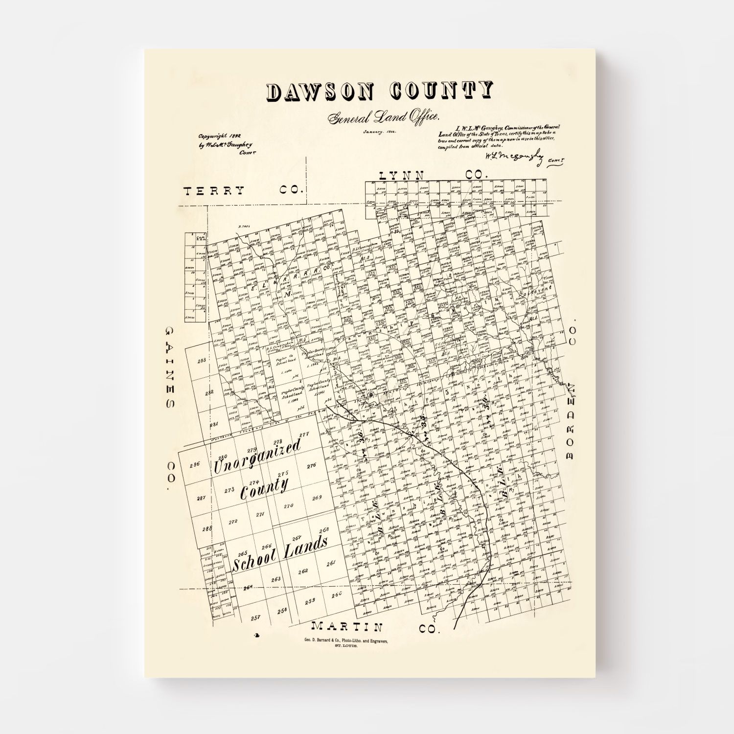 Vintage Map of Dawson County, Texas 1892