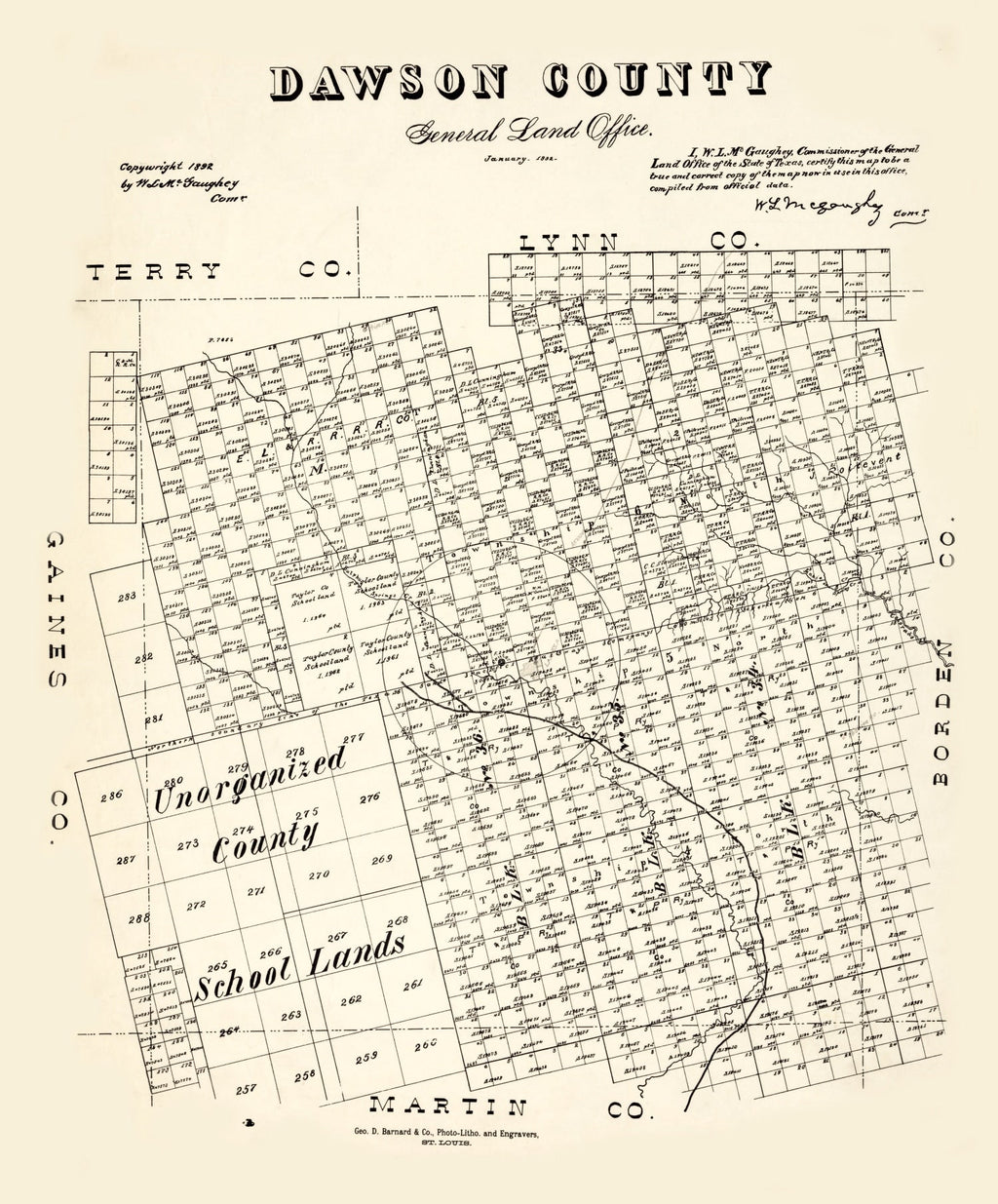 Vintage Map of Dawson County, Texas 1892