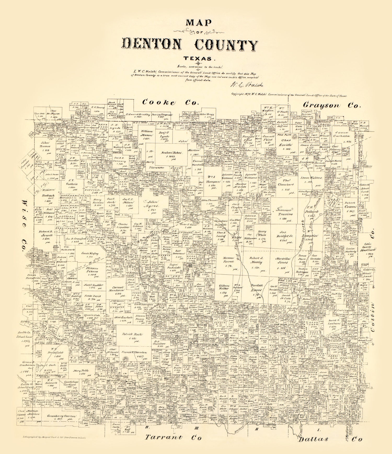 Vintage Map of Denton County, Texas 1879