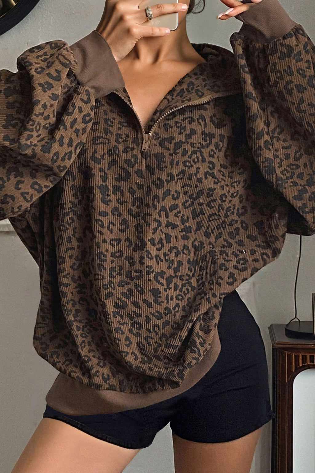 Leopard Corduroy Quarter-Zip Sweatshirt