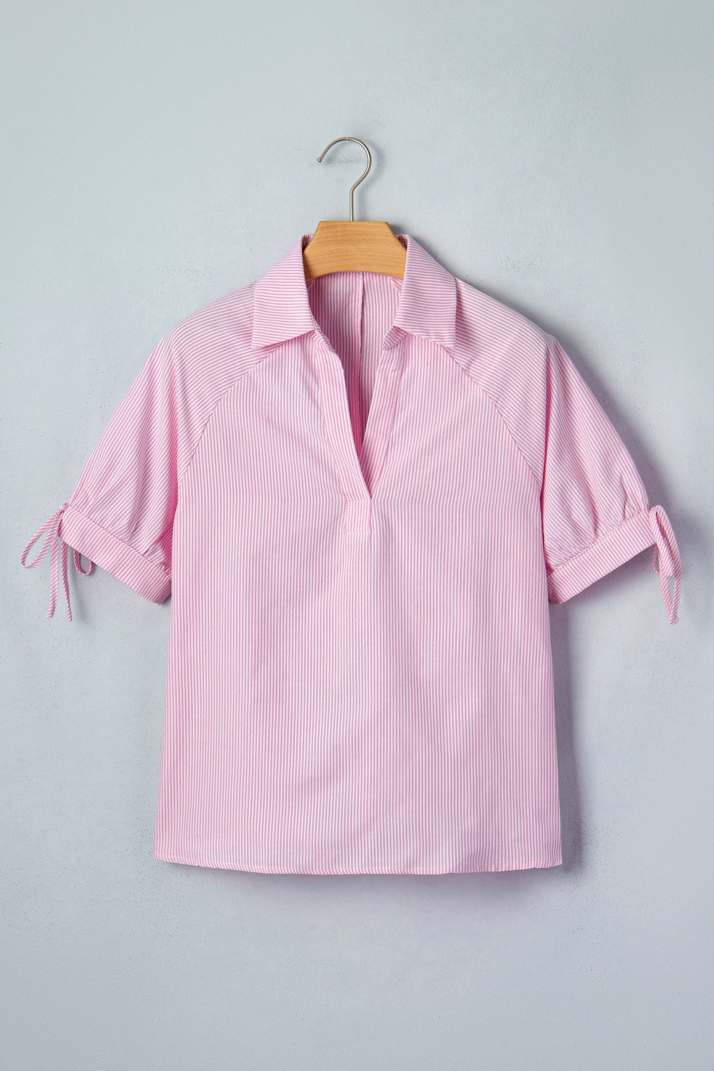 Stripe Tied Short Sleeve Collared Blouse