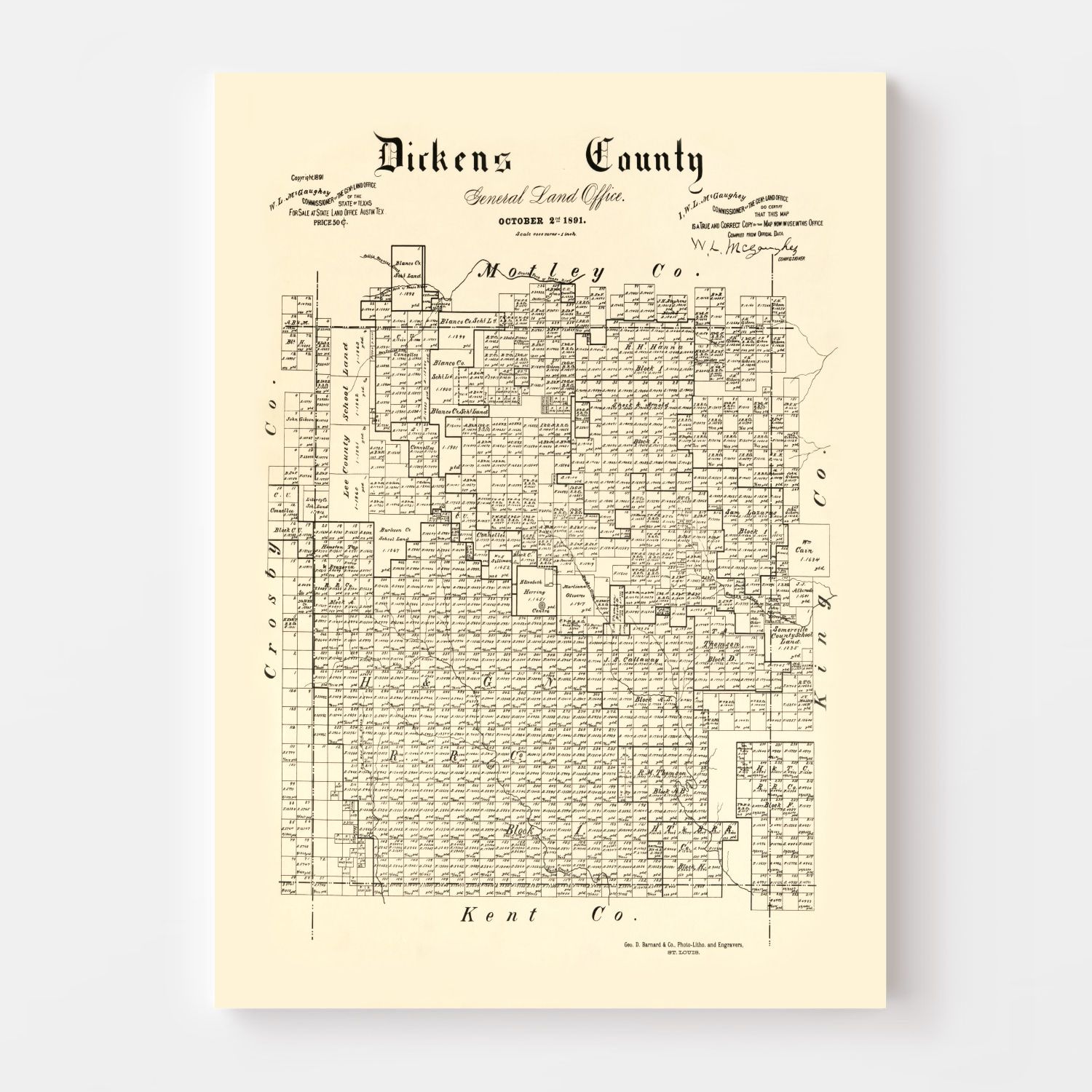 Vintage Map of Dickens County, Texas 1891